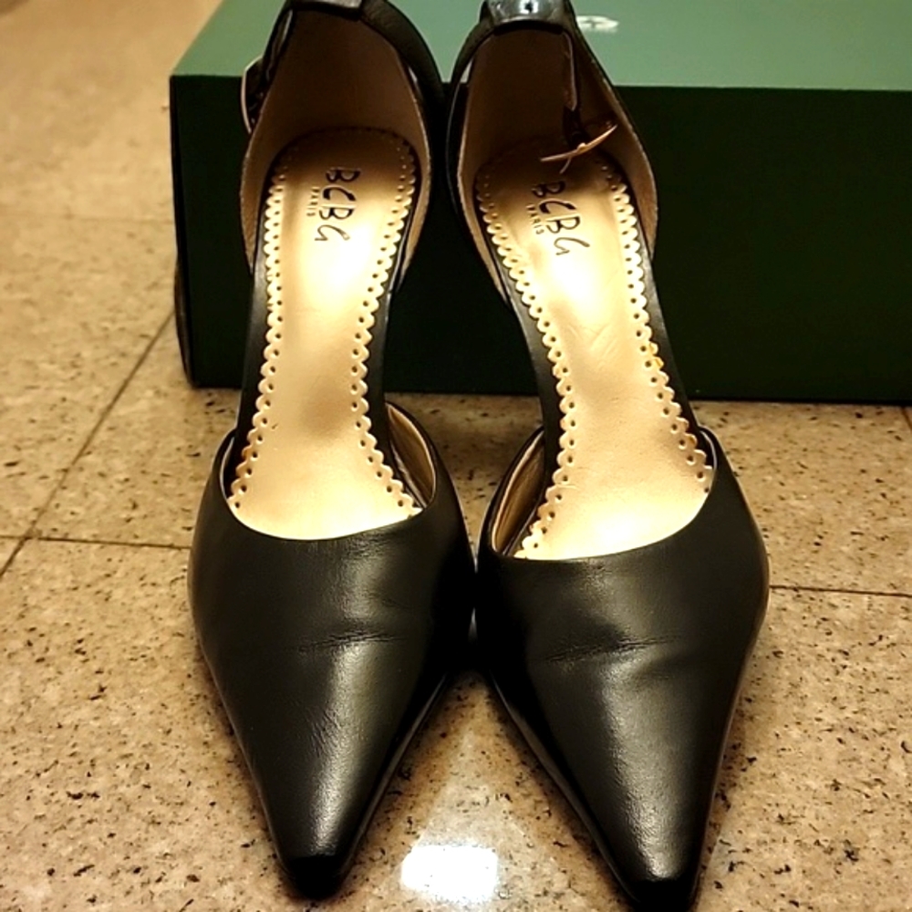 BCBG PARIS Black Leather Pump Stilettos Heels with Ankle Straps Dress Shoes